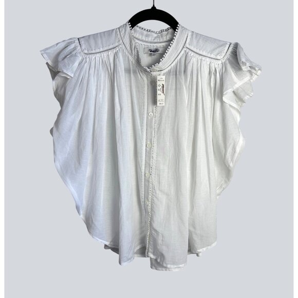 Madewell Womens Shirred Ruffle Lace-Trim Top Sz XS  Cottagecore Flowy Blouse NWT - Picture 3 of 13